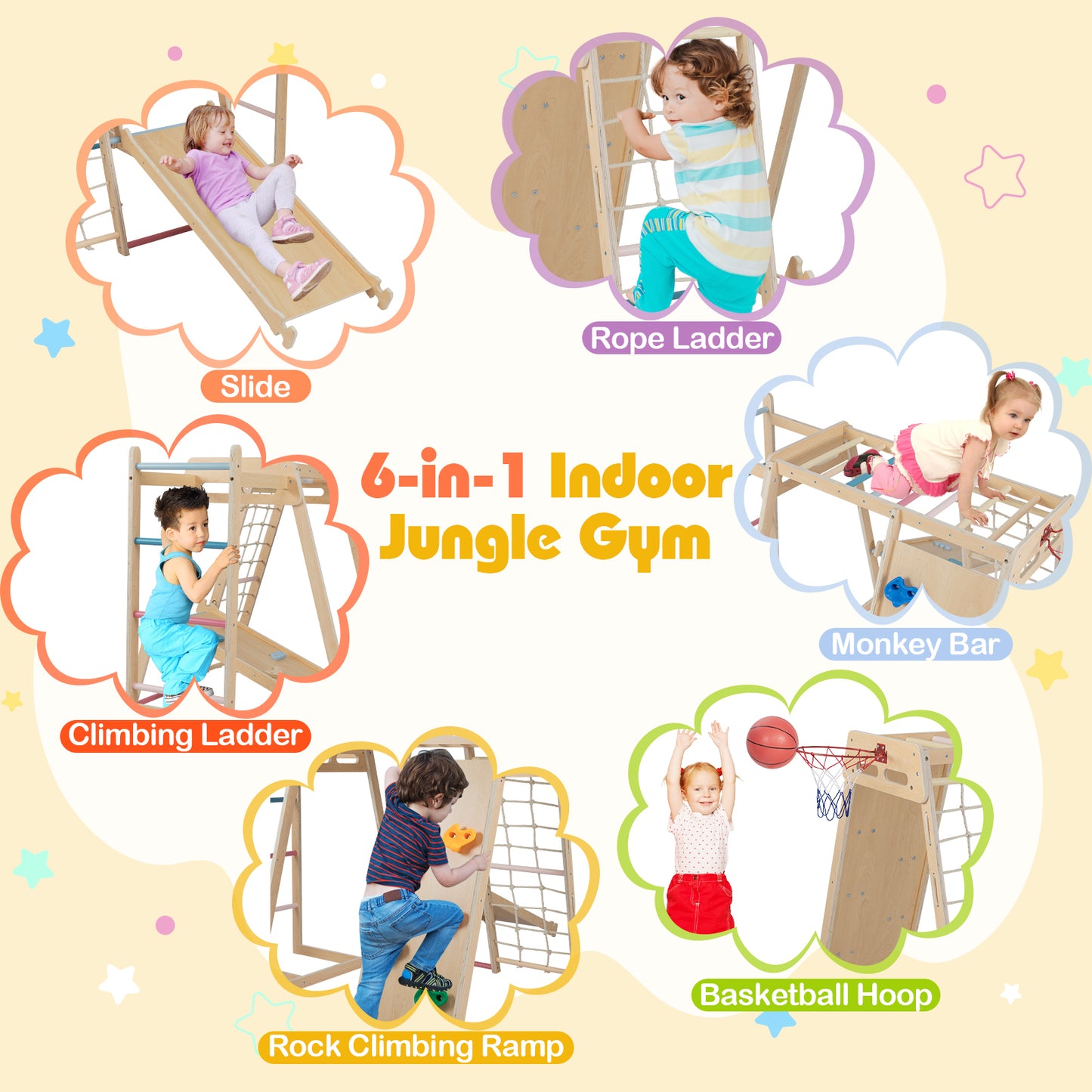 Kids Indoor Playground 6-in-1 Jungle Gym for 3-14 Years Olds, Macaron Climbers & Slides at Gallery Canada