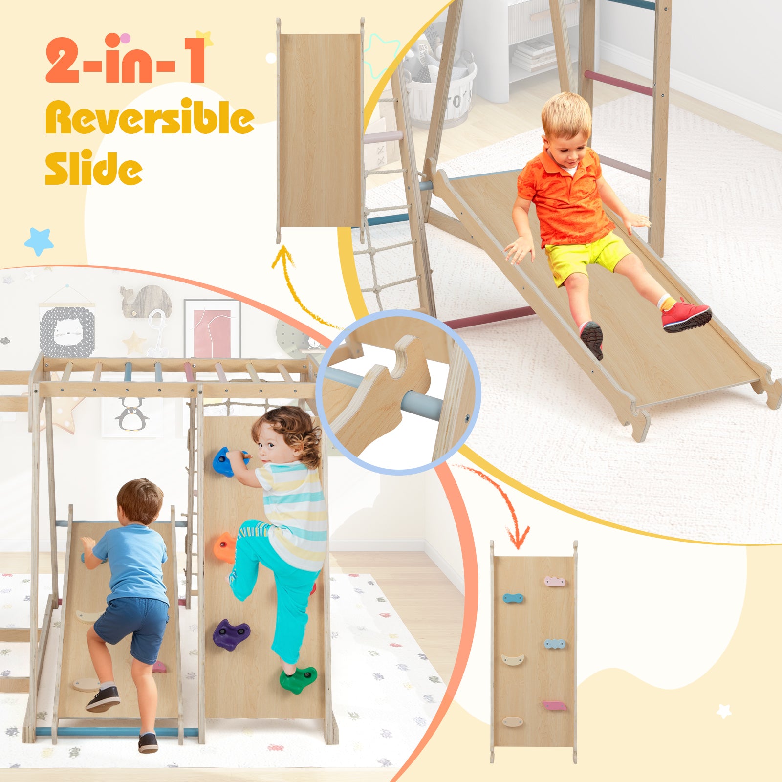 Kids Indoor Playground 6-in-1 Jungle Gym for 3-14 Years Olds, Macaron Climbers & Slides at Gallery Canada