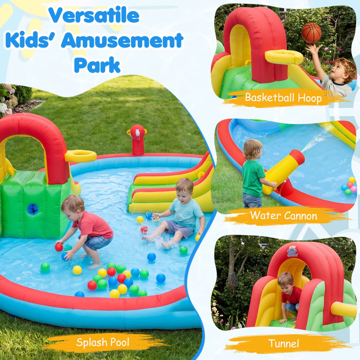 Parc aquatique gonflable pour enfants, 3 toboggans, pataugeoire