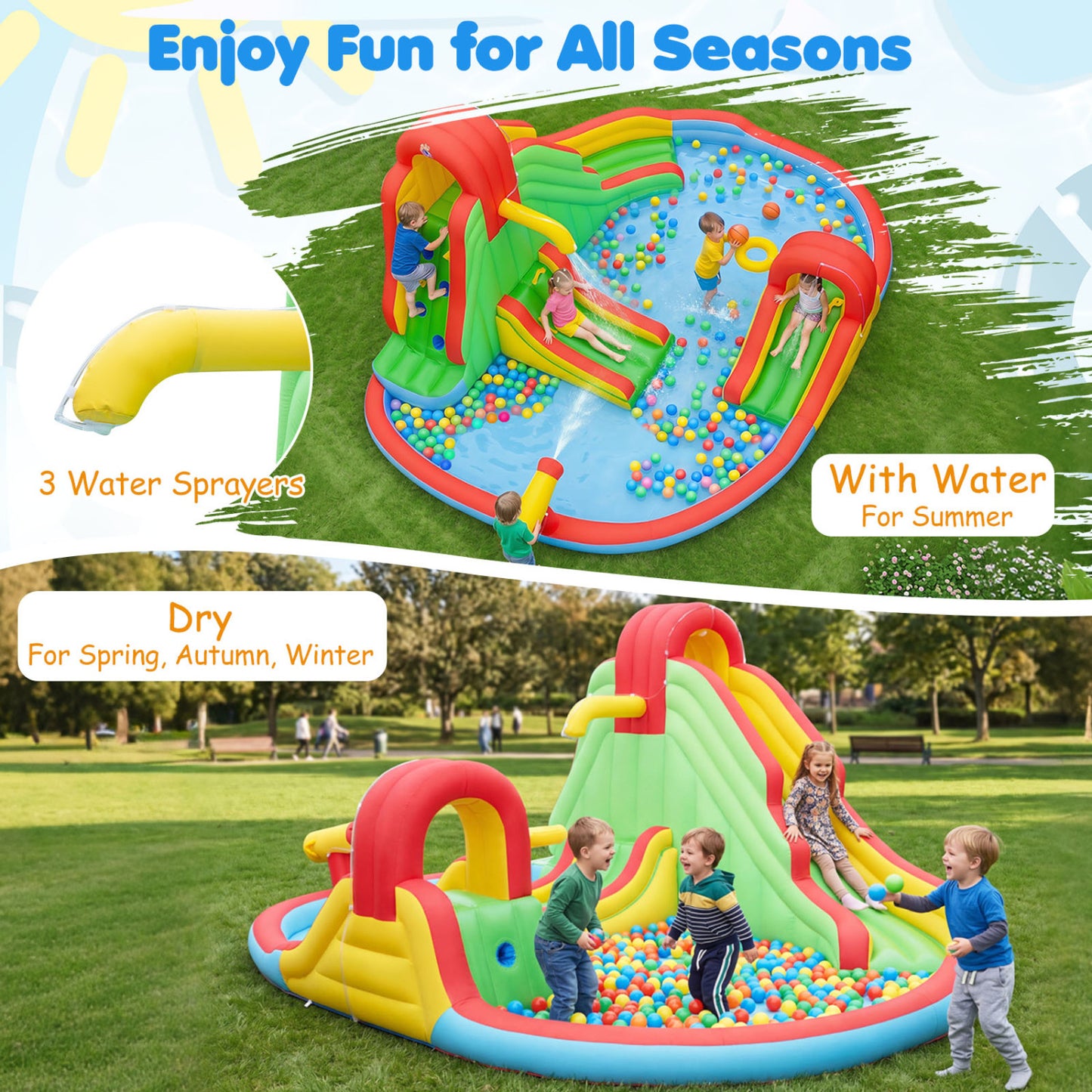 Parc aquatique gonflable pour enfants, 3 toboggans, pataugeoire