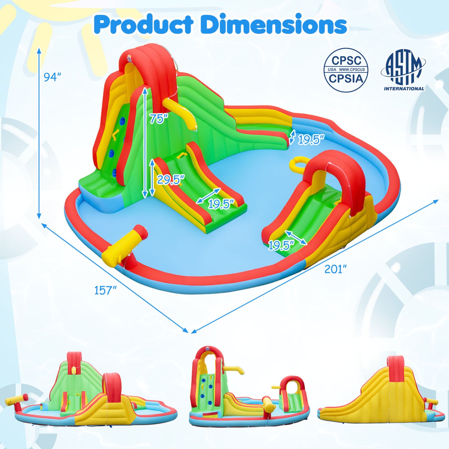Parc aquatique gonflable pour enfants, 3 toboggans, pataugeoire