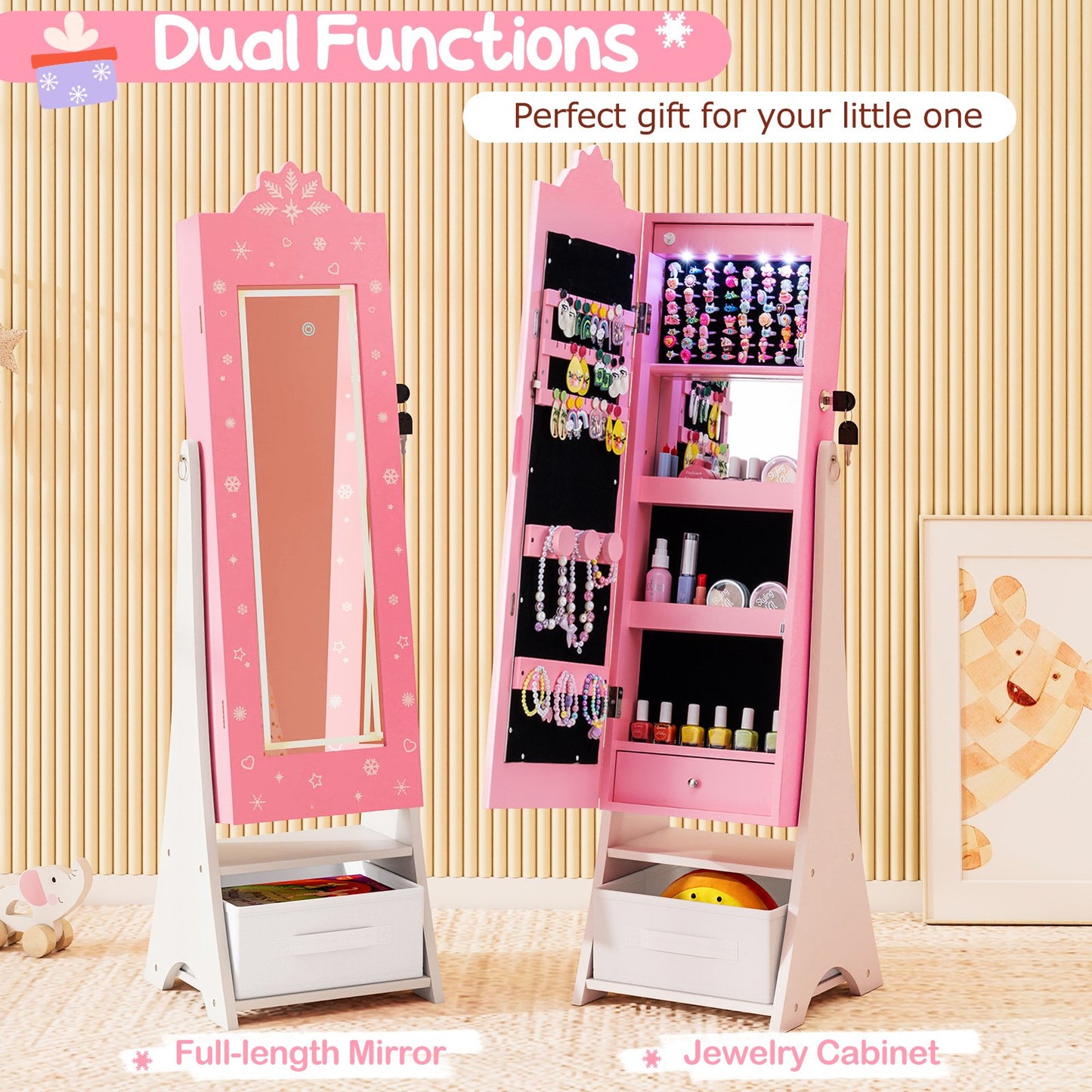 Kids Jewelry Armoire Freestanding Jewelry Cabinet with 3-Color Lighted Full Length Mirror, Pink Kids Vanities at Gallery Canada