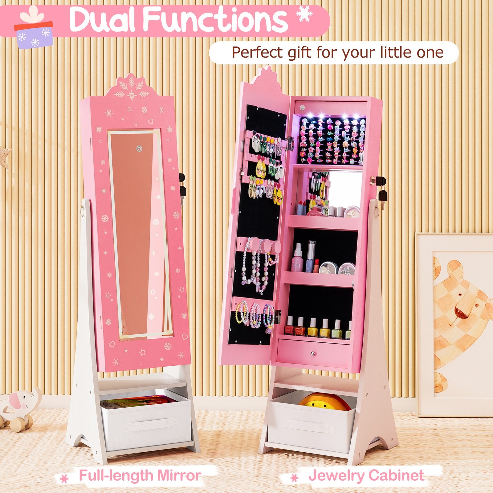 Kids Jewelry Armoire Freestanding Jewelry Cabinet with 3-Color Lighted Full Length Mirror, Pink Kids Vanities at Gallery Canada