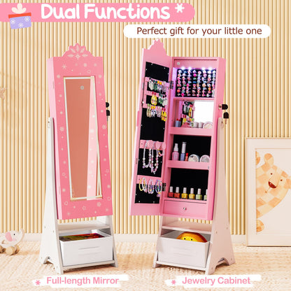 Kids Jewelry Armoire Freestanding Jewelry Cabinet with 3-Color Lighted Full Length Mirror, Pink Kids Vanities at Gallery Canada