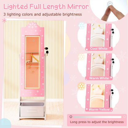 Kids Jewelry Armoire Freestanding Jewelry Cabinet with 3-Color Lighted Full Length Mirror, Pink Kids Vanities at Gallery Canada