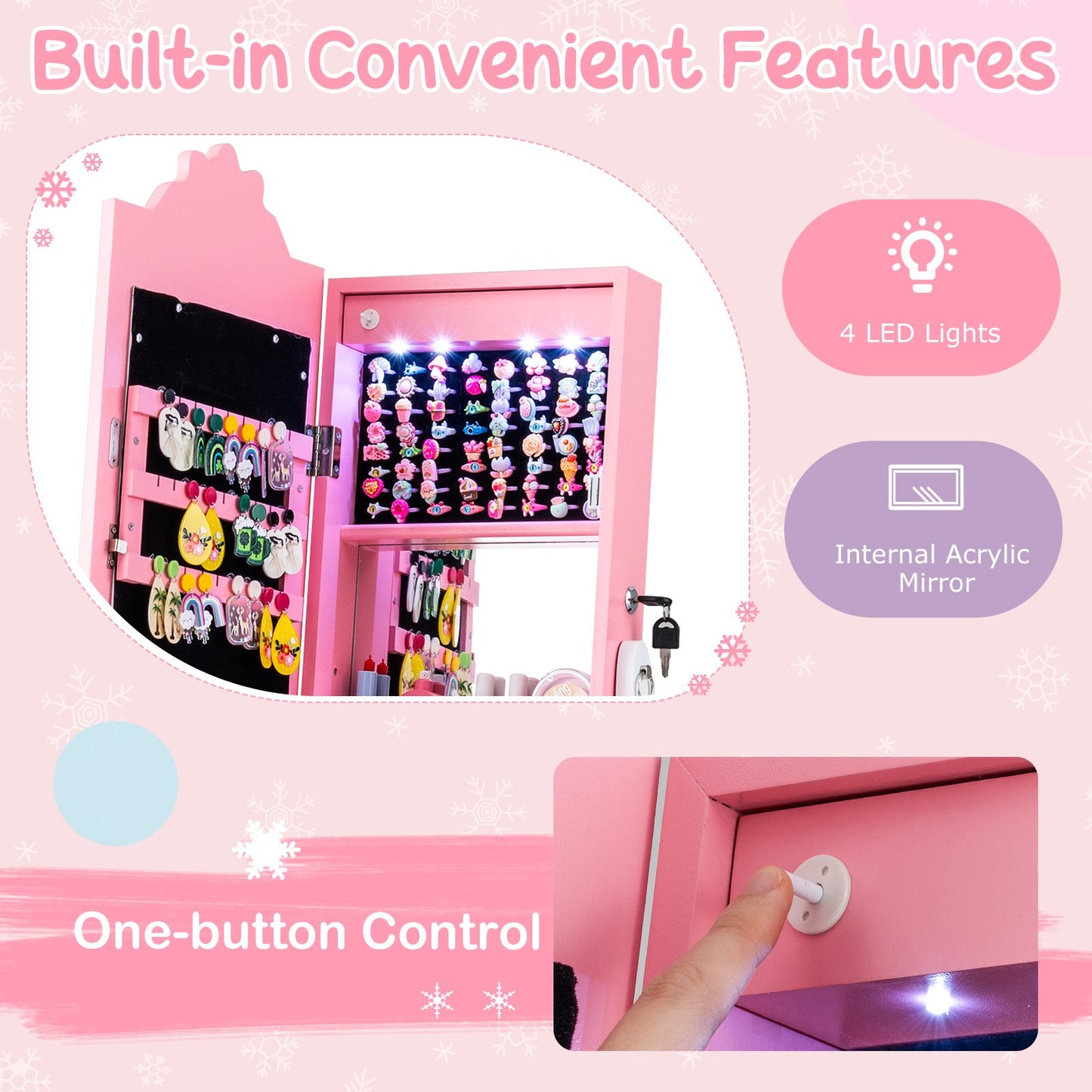 Kids Jewelry Armoire Freestanding Jewelry Cabinet with 3-Color Lighted Full Length Mirror, Pink Kids Vanities at Gallery Canada