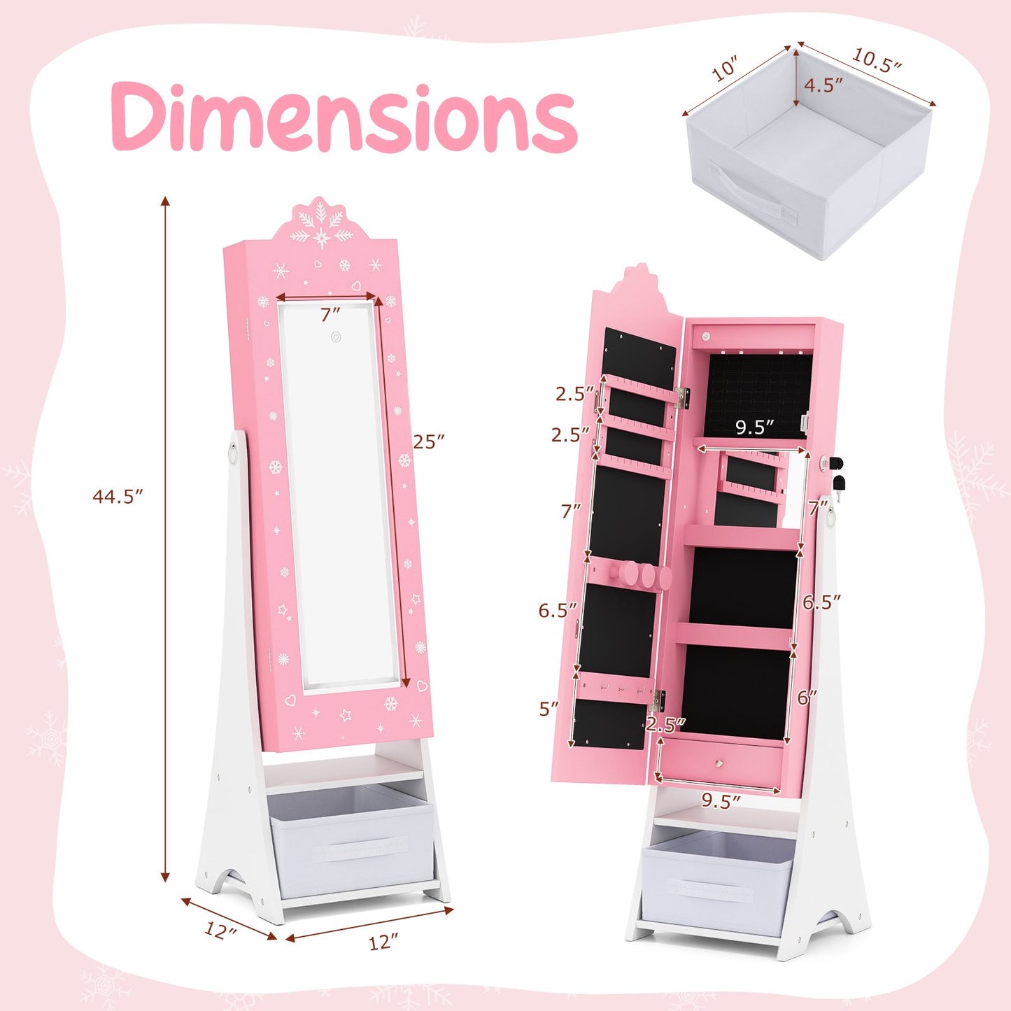 Kids Jewelry Armoire Freestanding Jewelry Cabinet with 3-Color Lighted Full Length Mirror, Pink Kids Vanities at Gallery Canada