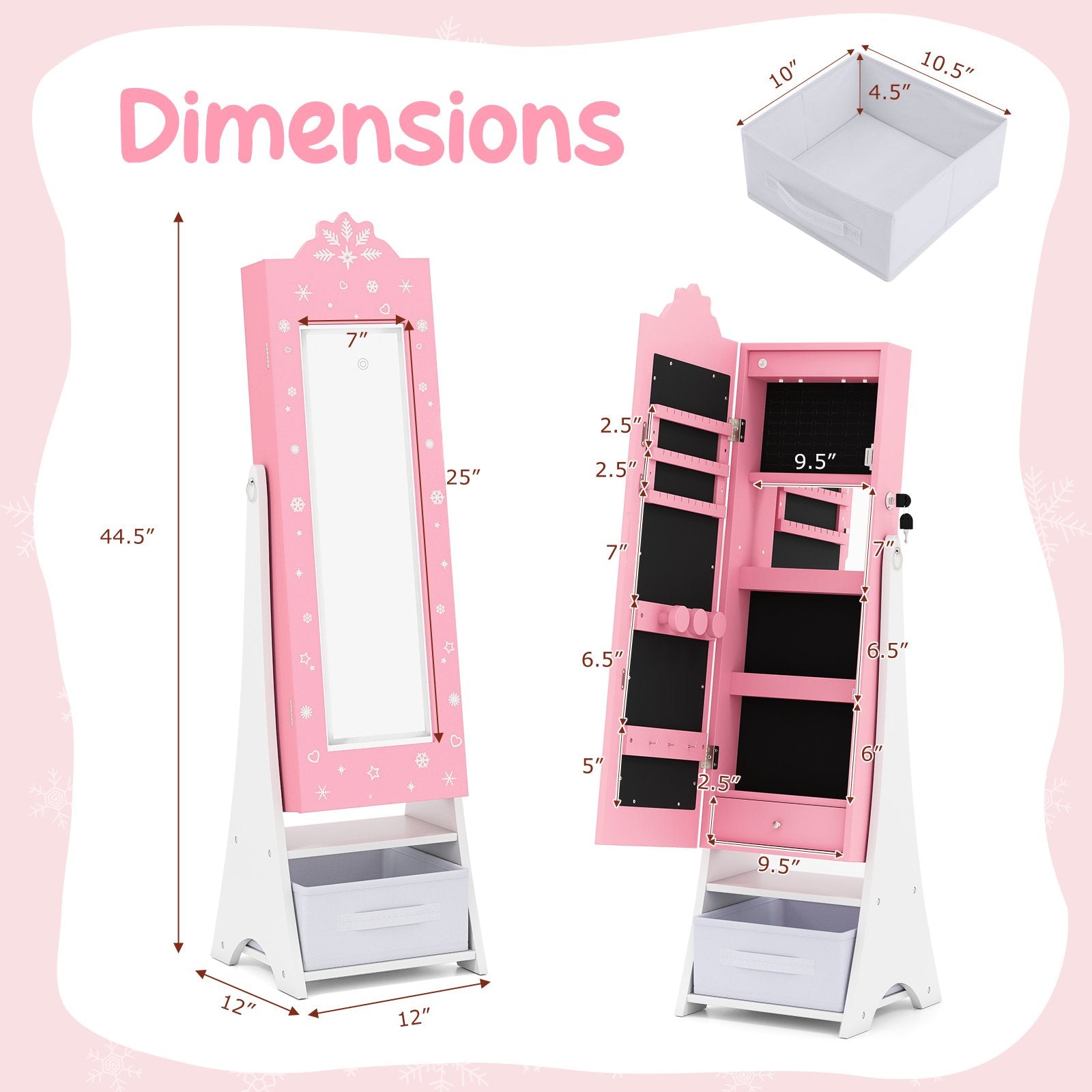 Kids Jewelry Armoire Freestanding Jewelry Cabinet with 3-Color Lighted Full Length Mirror, Pink Kids Vanities at Gallery Canada