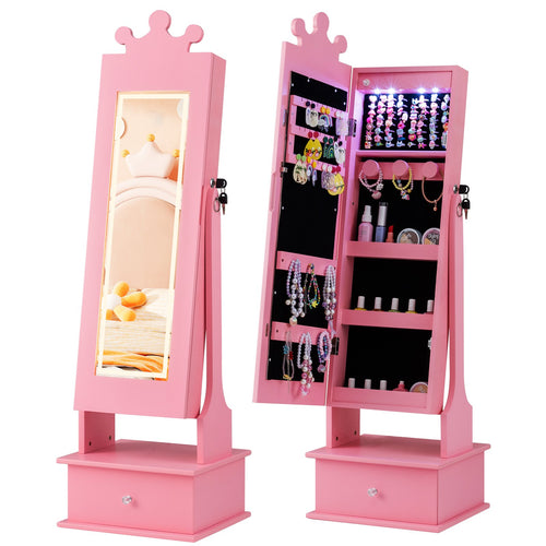 Kids Jewelry Armoire with 3-Color Lighted Full Length Mirror and Inside Led Lights, Pink