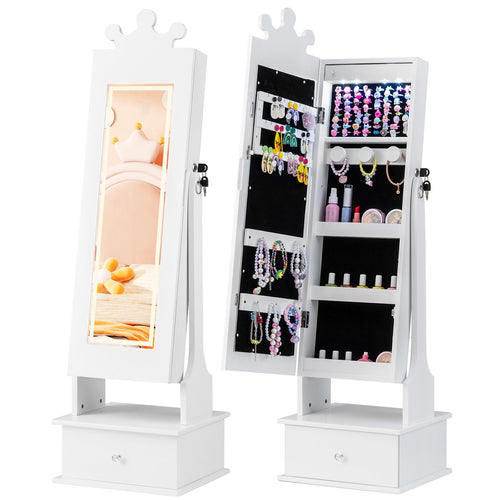 Kids Jewelry Armoire with 3-Color Lighted Full Length Mirror and Inside Led Lights, White