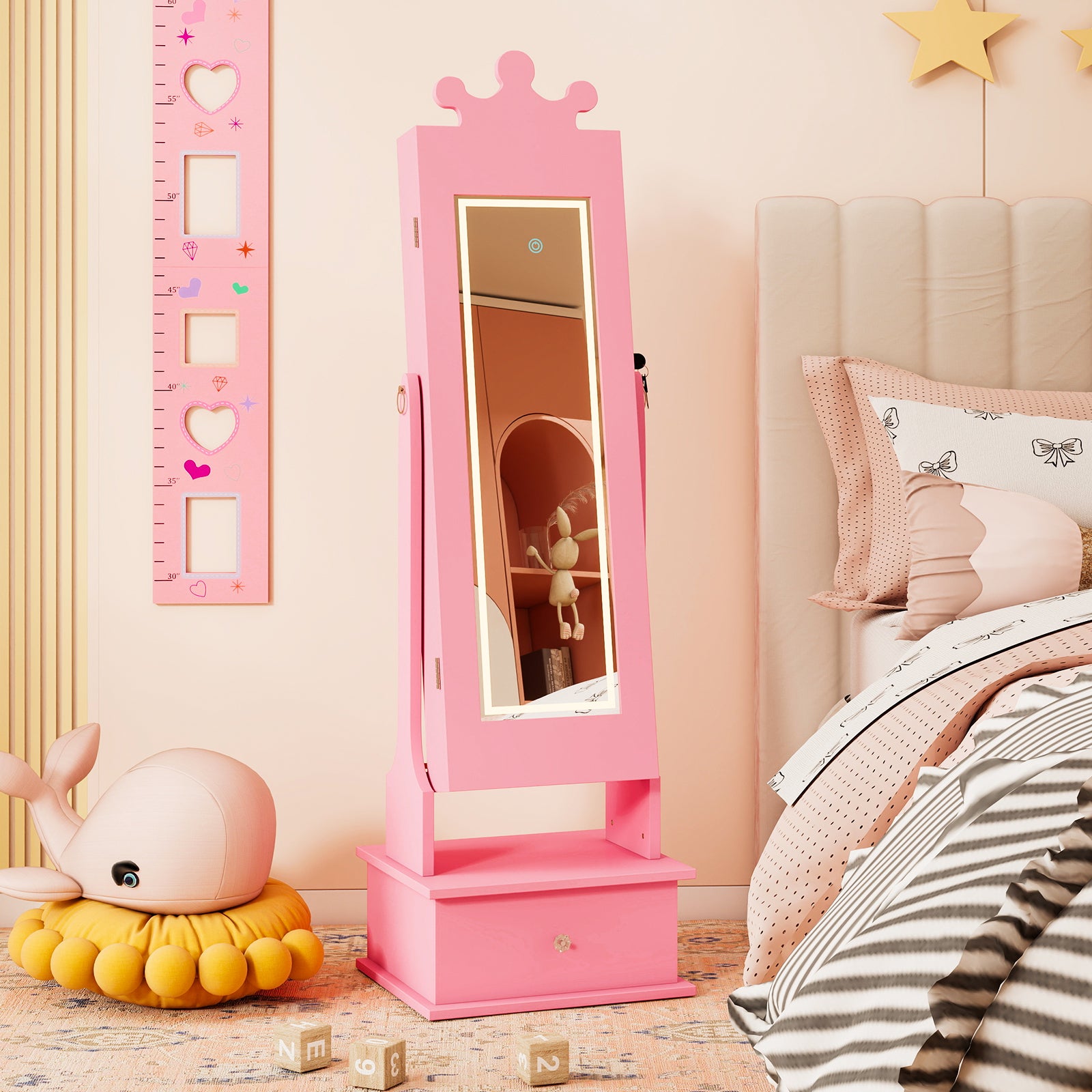 Kids Jewelry Armoire, With 3-Color Lighted Full Length Mirror, Pink Kids Vanities at Gallery Canada