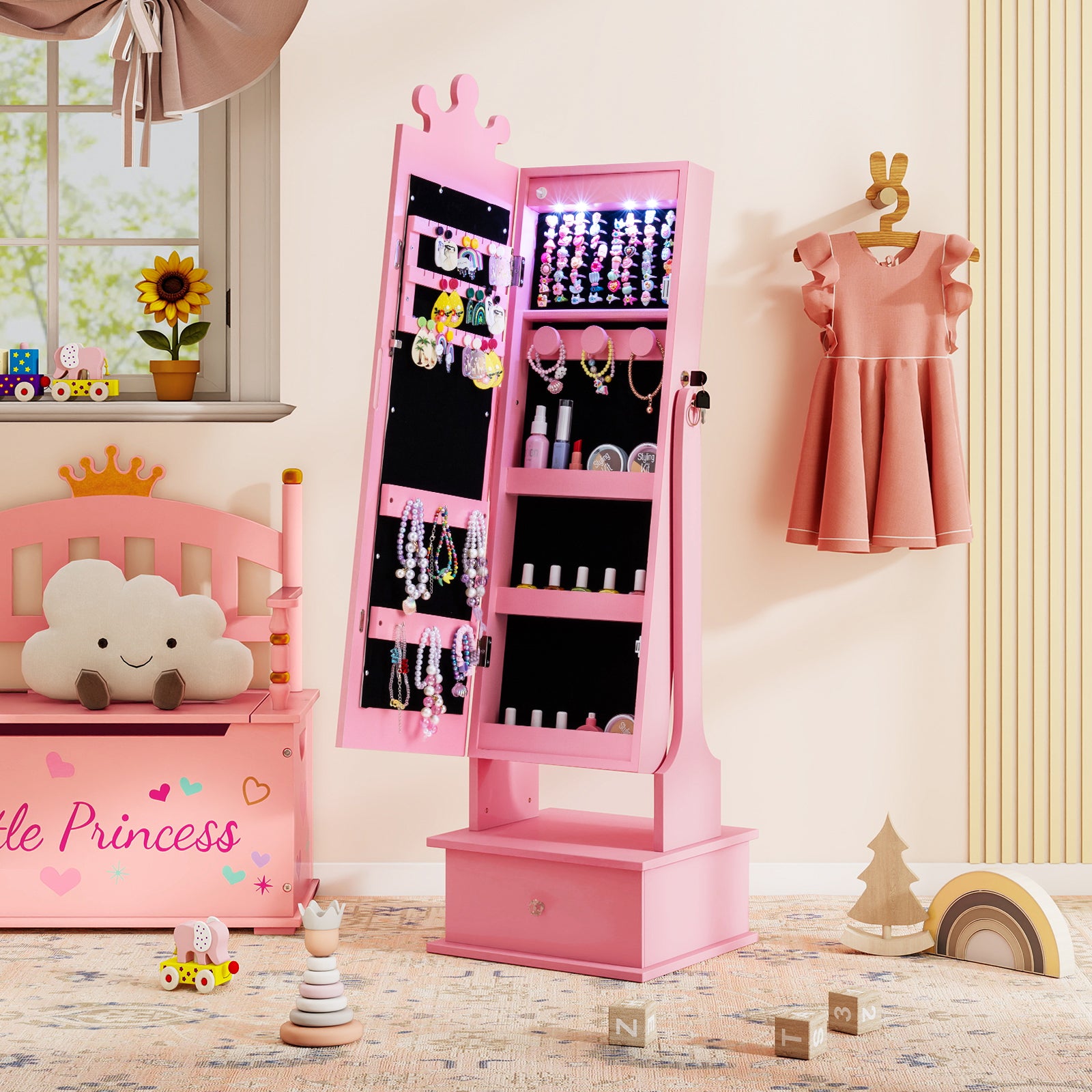 Kids Jewelry Armoire, With 3-Color Lighted Full Length Mirror, Pink Kids Vanities at Gallery Canada