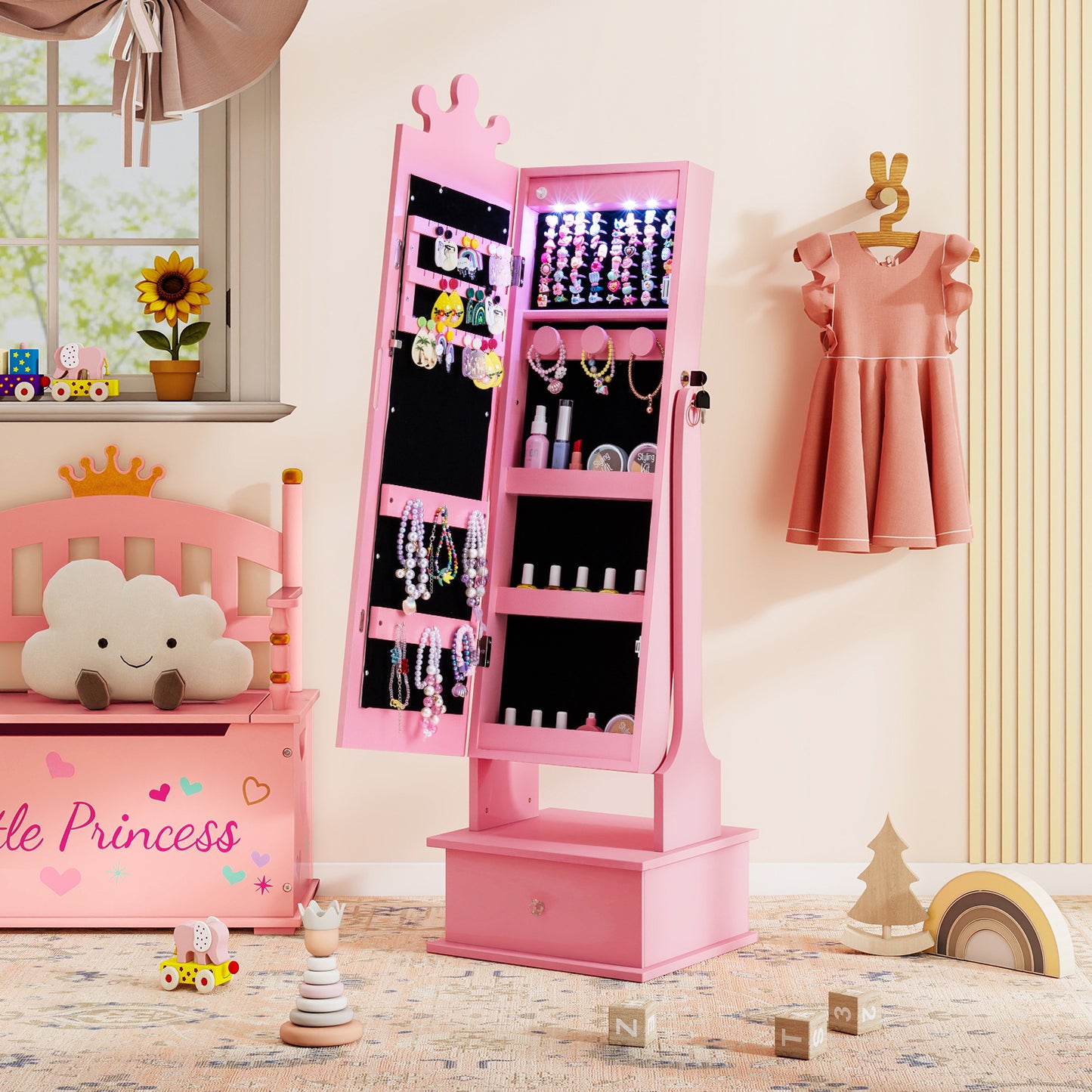 Kids Jewelry Armoire, With 3-Color Lighted Full Length Mirror, Pink Kids Vanities at Gallery Canada