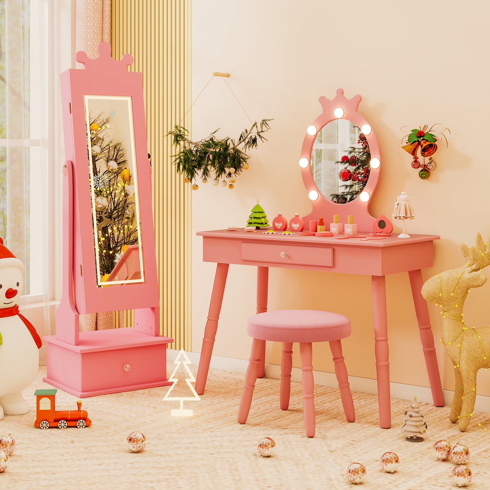 Kids Jewelry Armoire, With 3-Color Lighted Full Length Mirror, Pink Kids Vanities at Gallery Canada