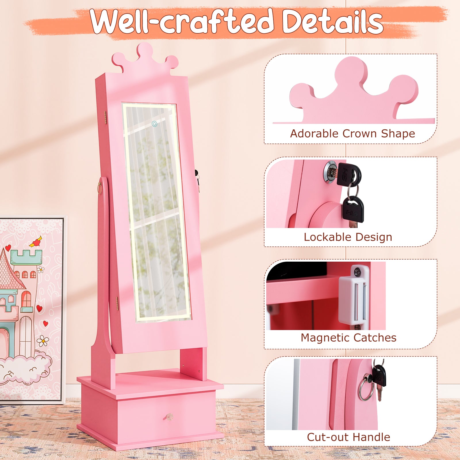 Kids Jewelry Armoire, With 3-Color Lighted Full Length Mirror, Pink Kids Vanities at Gallery Canada