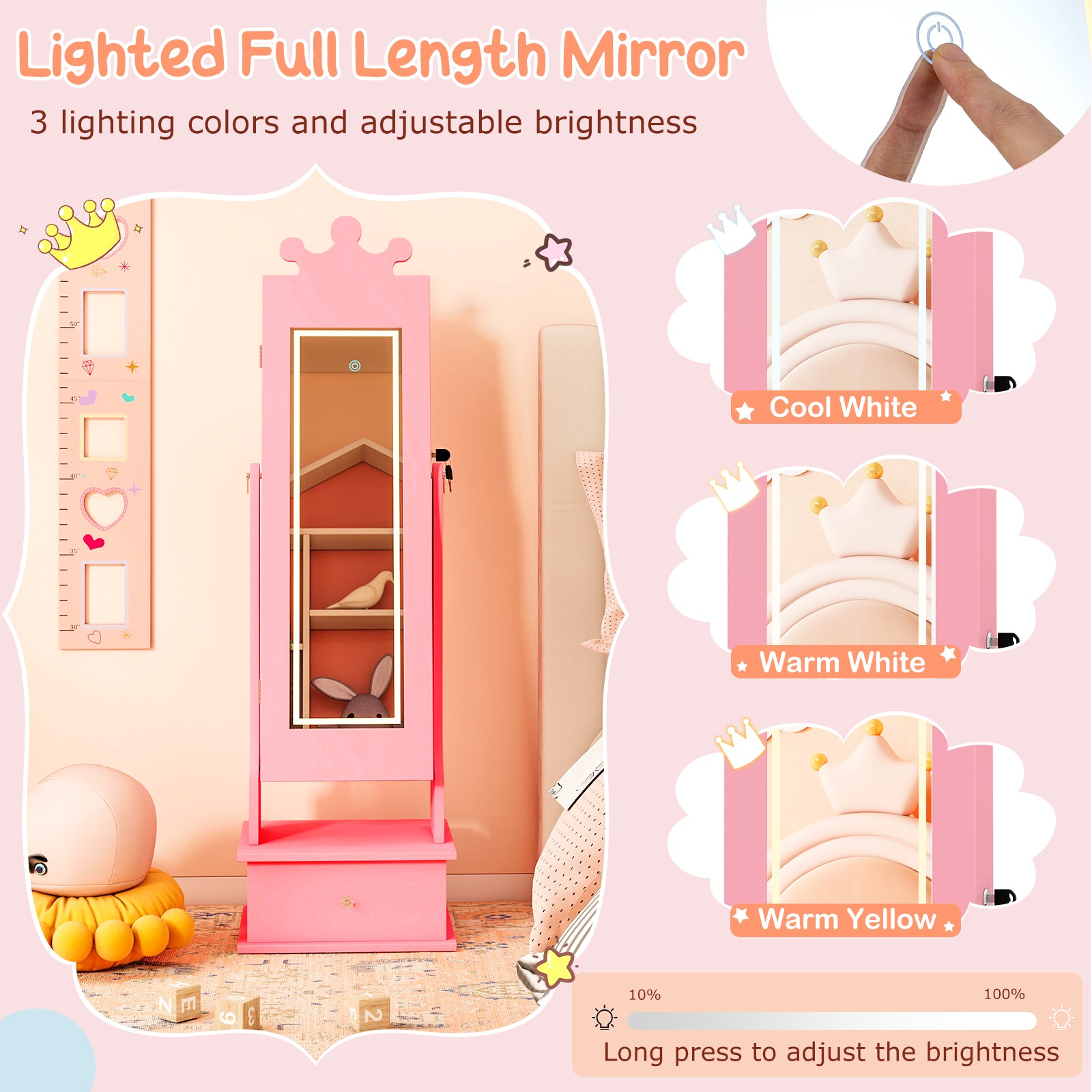 Kids Jewelry Armoire, With 3-Color Lighted Full Length Mirror, Pink Kids Vanities at Gallery Canada