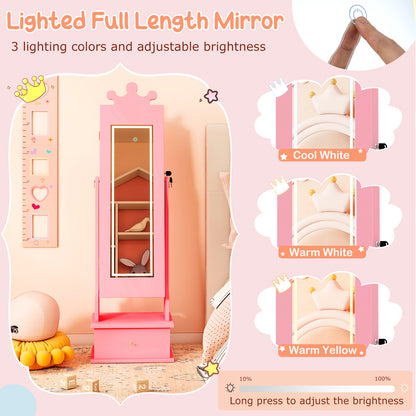 Kids Jewelry Armoire, With 3-Color Lighted Full Length Mirror, Pink Kids Vanities at Gallery Canada