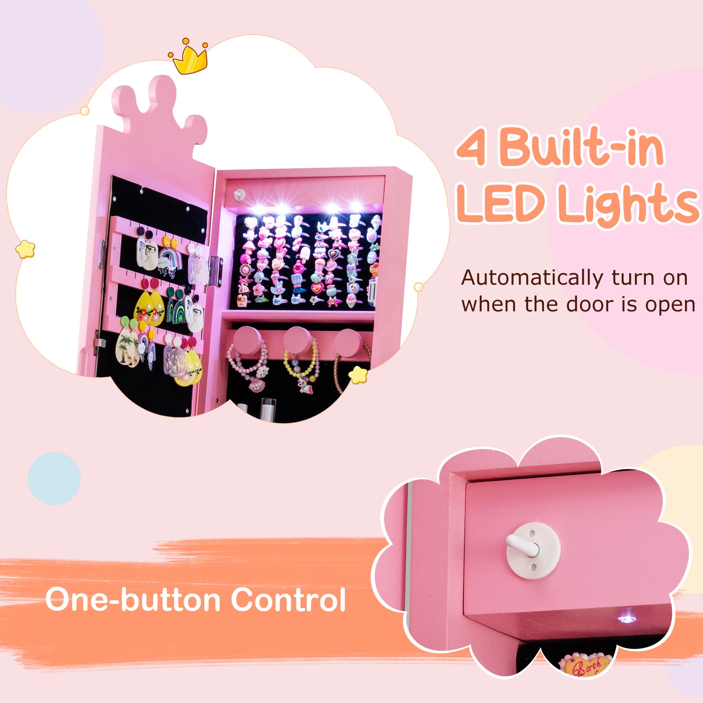Kids Jewelry Armoire, With 3-Color Lighted Full Length Mirror, Pink Kids Vanities at Gallery Canada