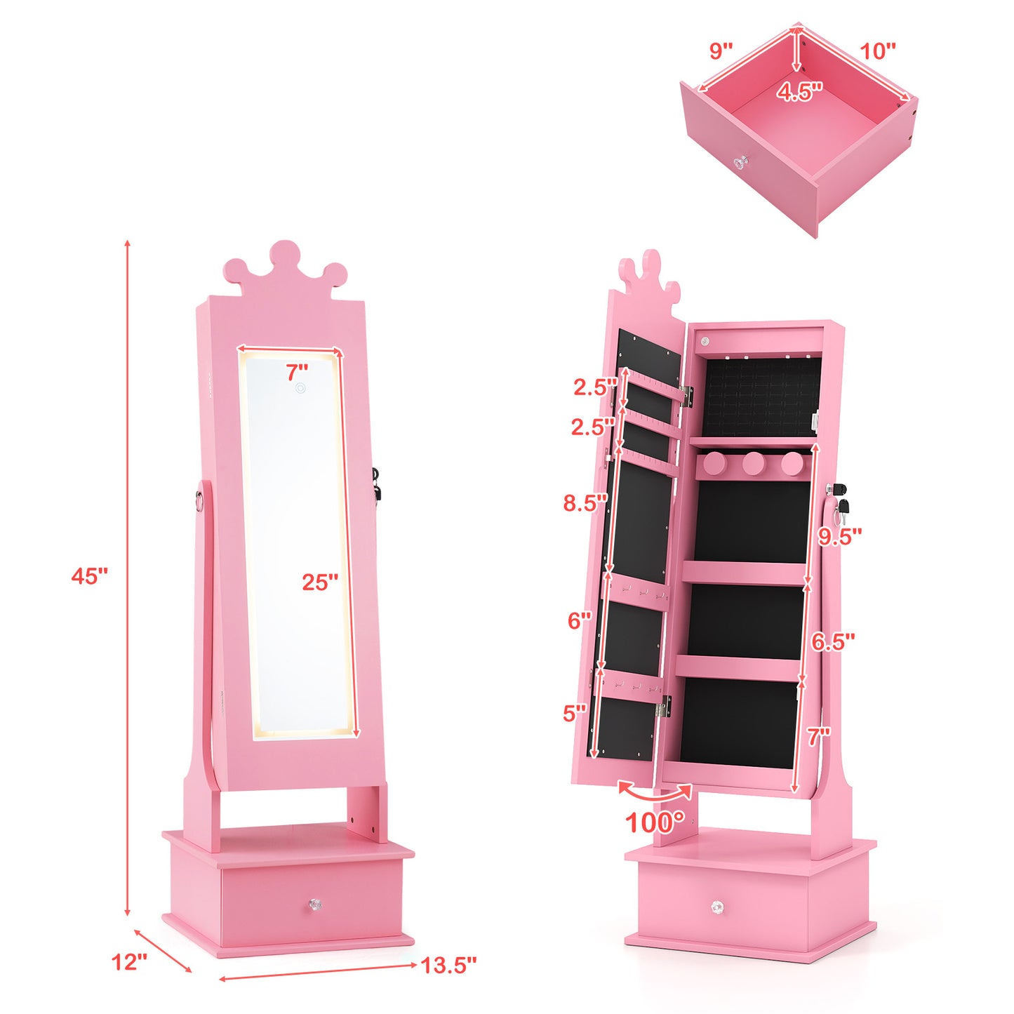 Kids Jewelry Armoire, With 3-Color Lighted Full Length Mirror, Pink Kids Vanities at Gallery Canada