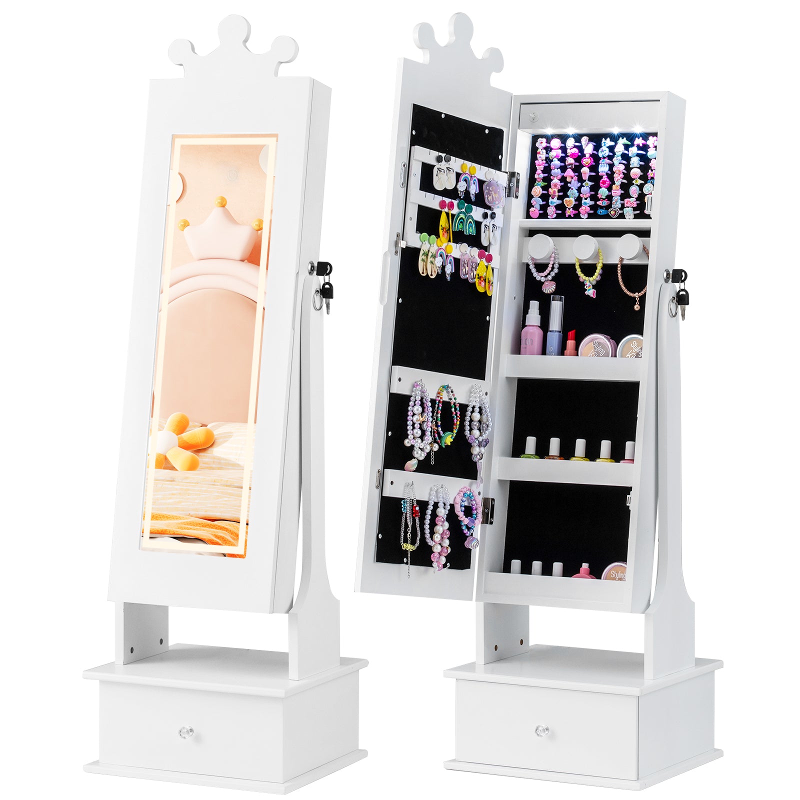 Kids Jewelry Armoire, 3-Color Lighted Mirror, Inside Led Lights, White Kids Vanities at Gallery Canada