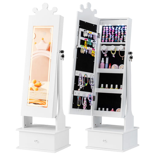 Kids Jewelry Armoire, 3-Color Lighted Mirror, Inside Led Lights, White