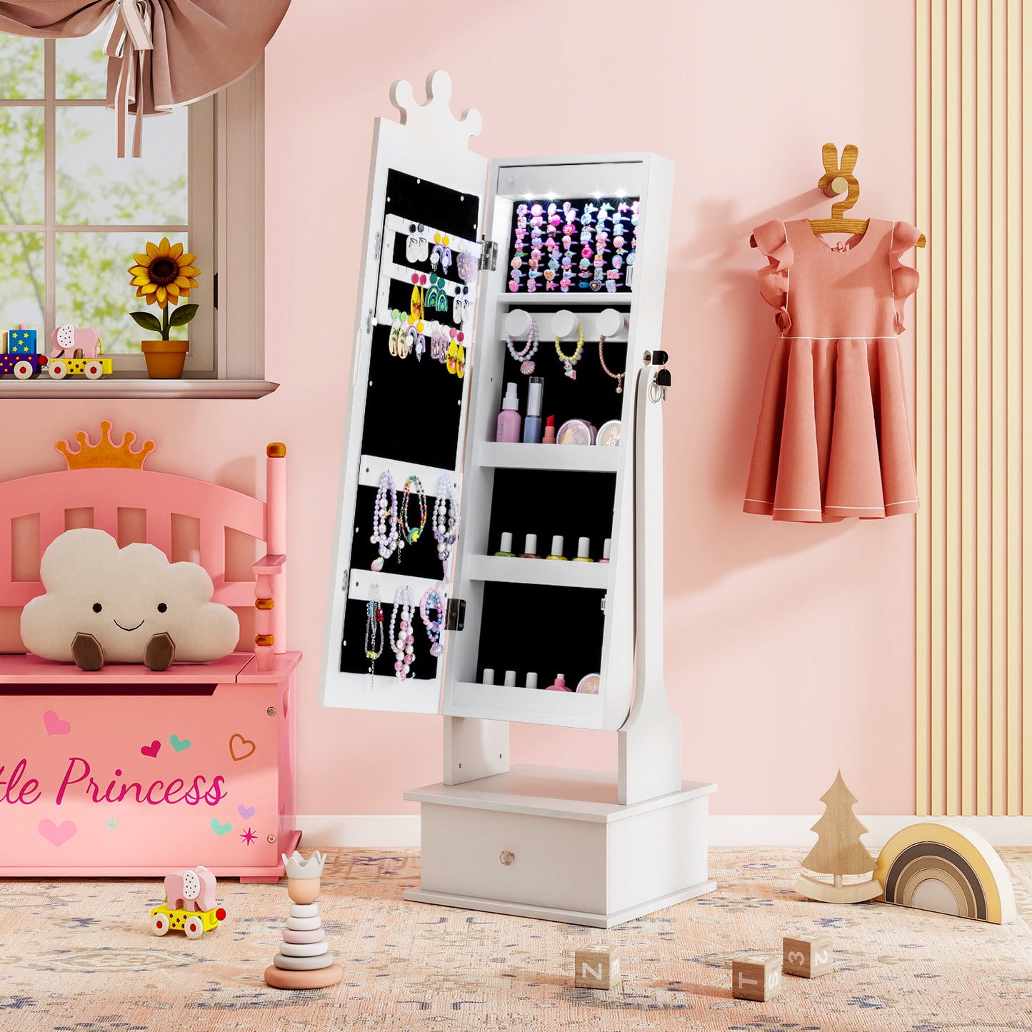 Kids Jewelry Armoire, 3-Color Lighted Mirror, Inside Led Lights, White Kids Vanities at Gallery Canada