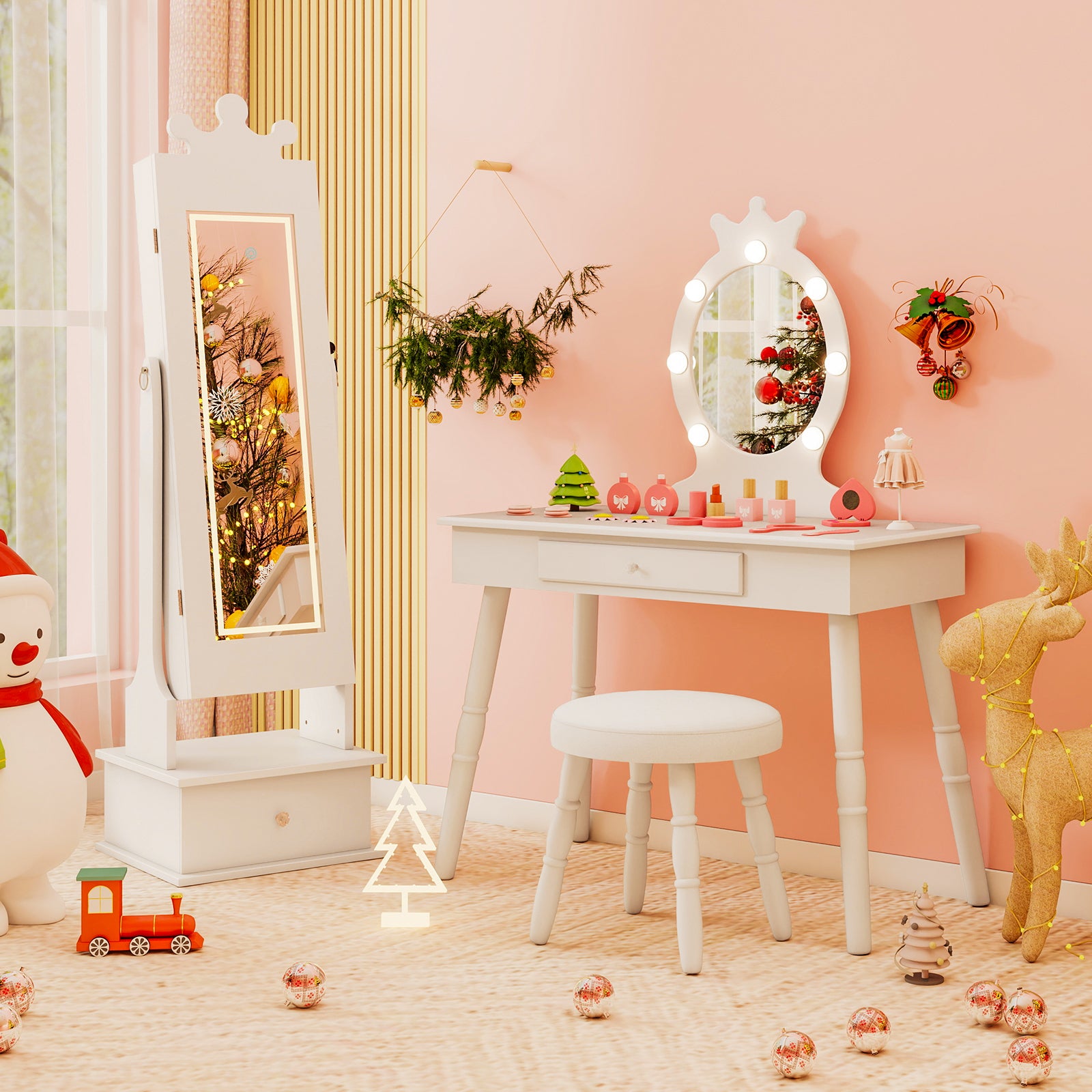 Kids Jewelry Armoire, 3-Color Lighted Mirror, Inside Led Lights, White Kids Vanities at Gallery Canada