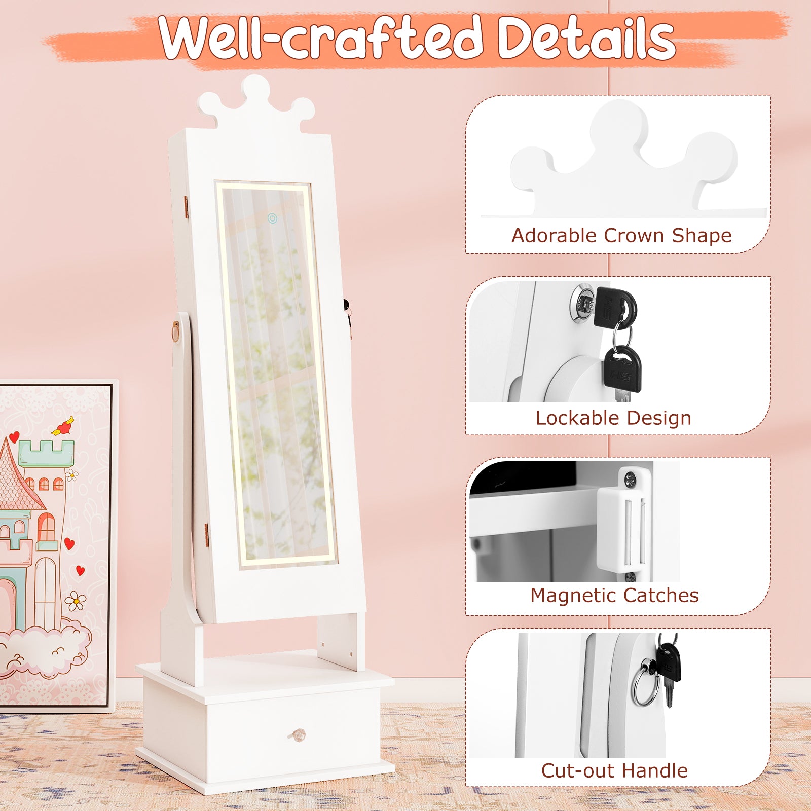 Kids Jewelry Armoire, 3-Color Lighted Mirror, Inside Led Lights, White Kids Vanities at Gallery Canada