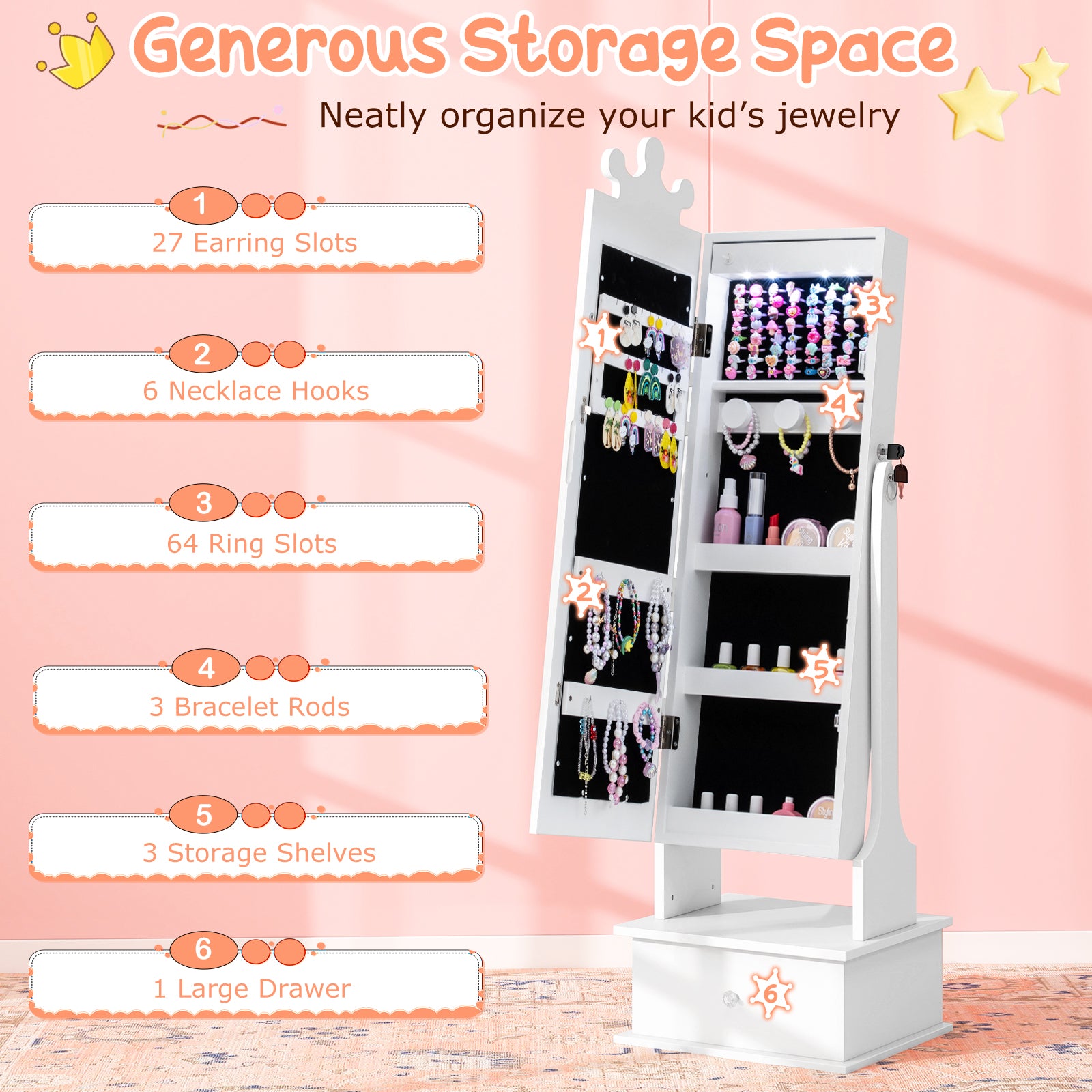 Kids Jewelry Armoire, 3-Color Lighted Mirror, Inside Led Lights, White Kids Vanities at Gallery Canada