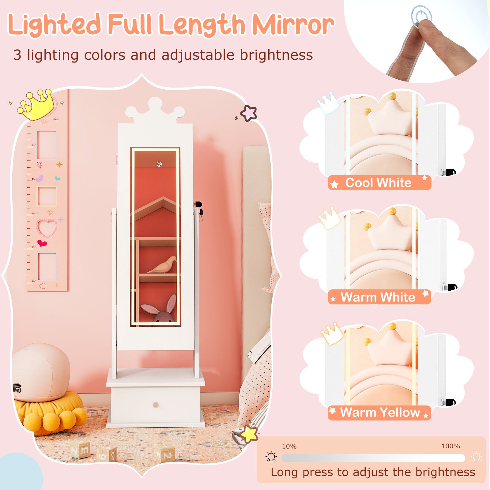 Kids Jewelry Armoire, 3-Color Lighted Mirror, Inside Led Lights, White Kids Vanities at Gallery Canada