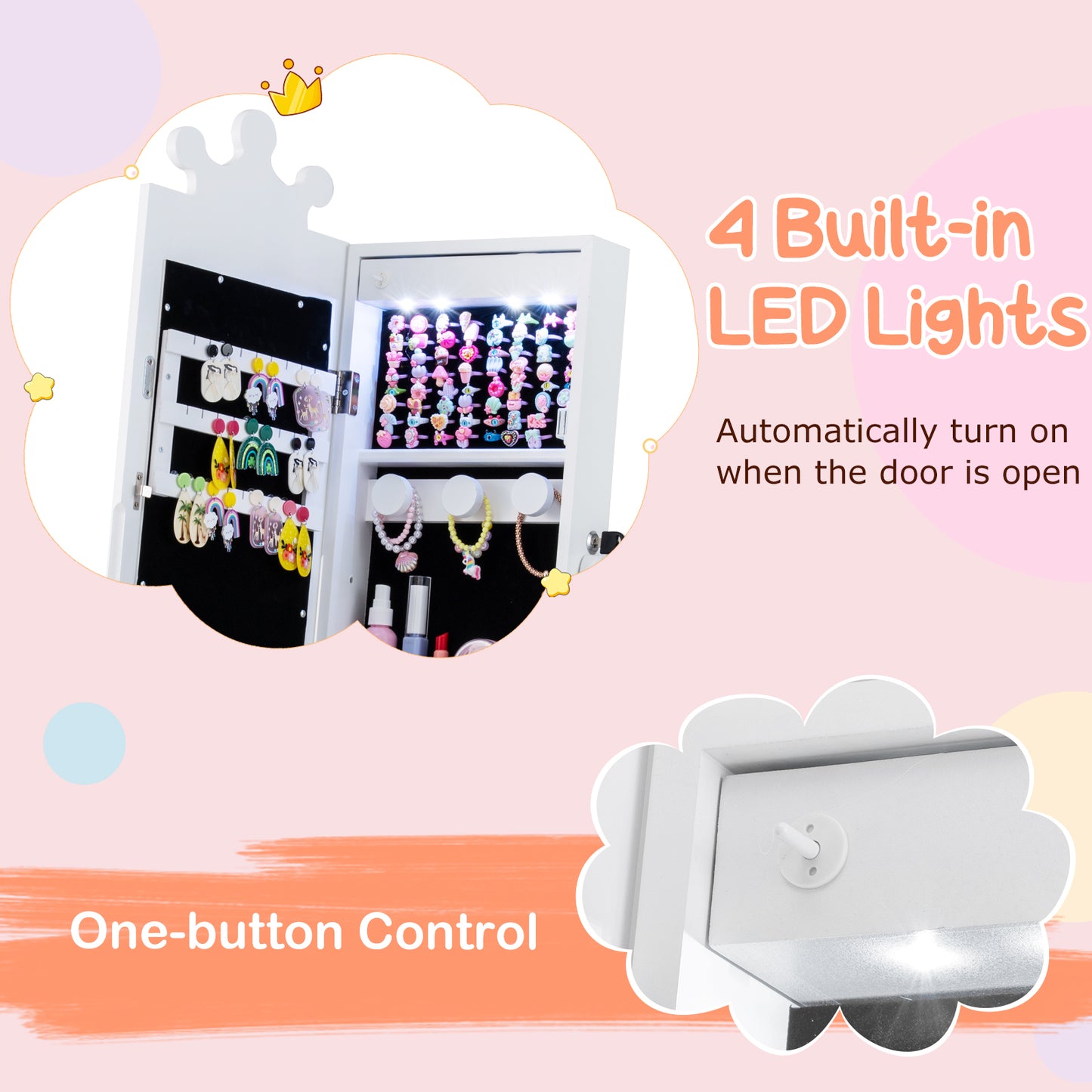 Kids Jewelry Armoire, 3-Color Lighted Mirror, Inside Led Lights, White Kids Vanities at Gallery Canada