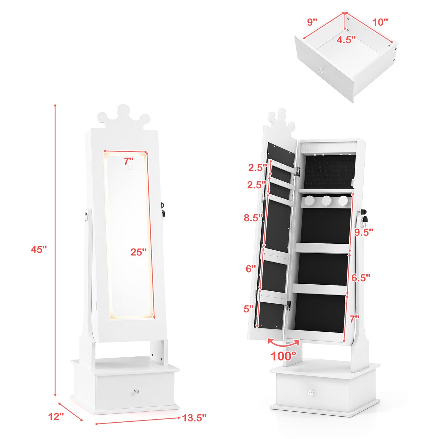 Kids Jewelry Armoire, 3-Color Lighted Mirror, Inside Led Lights, White Kids Vanities at Gallery Canada