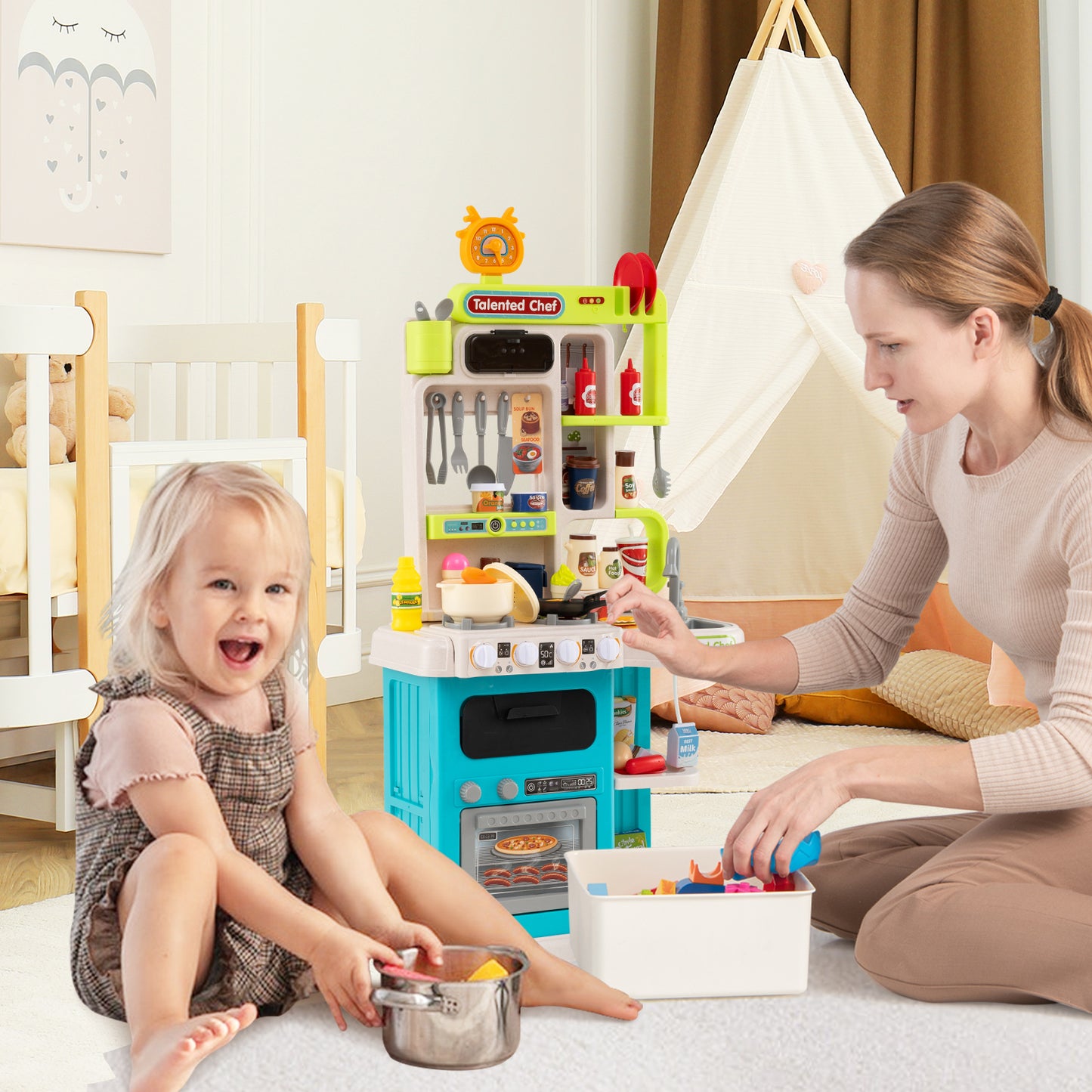 Kids Kitchen Playset Pretend Play Kitchen with Realistic Sounds and Lights, Blue