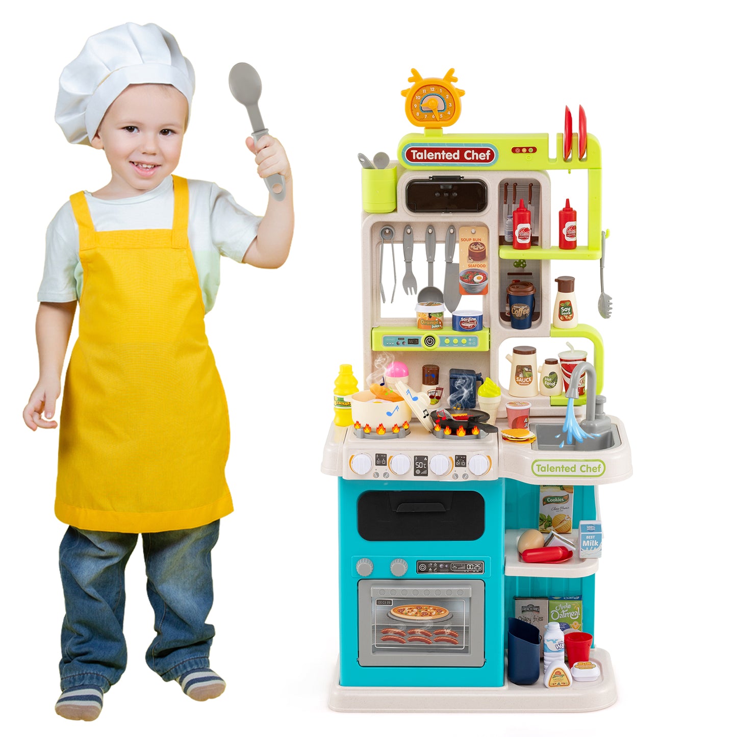 Kids Kitchen Playset Pretend Play Kitchen with Realistic Sounds and Lights, Blue