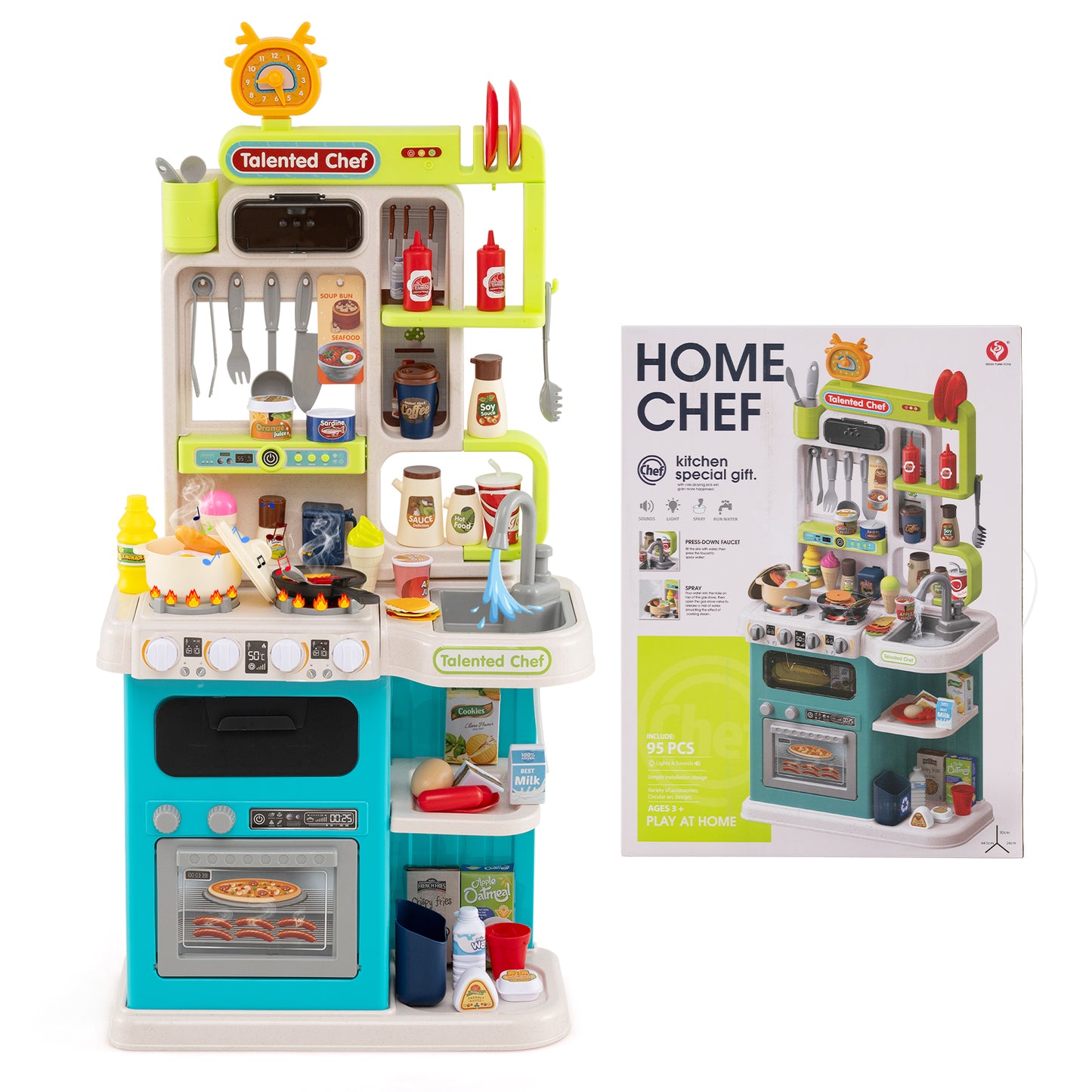 Kids Kitchen Playset Pretend Play Kitchen with Realistic Sounds and Lights, Blue
