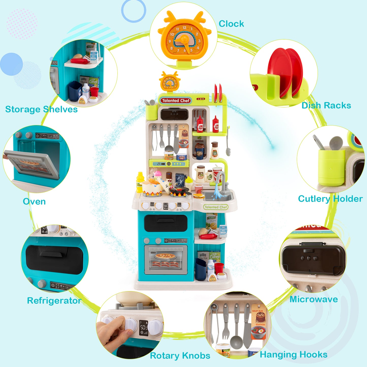 Kids Kitchen Playset Pretend Play Kitchen with Realistic Sounds and Lights, Blue