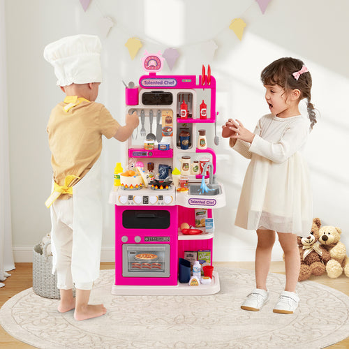 Kids Kitchen Playset Pretend Play Kitchen with Realistic Sounds and Lights, Pink