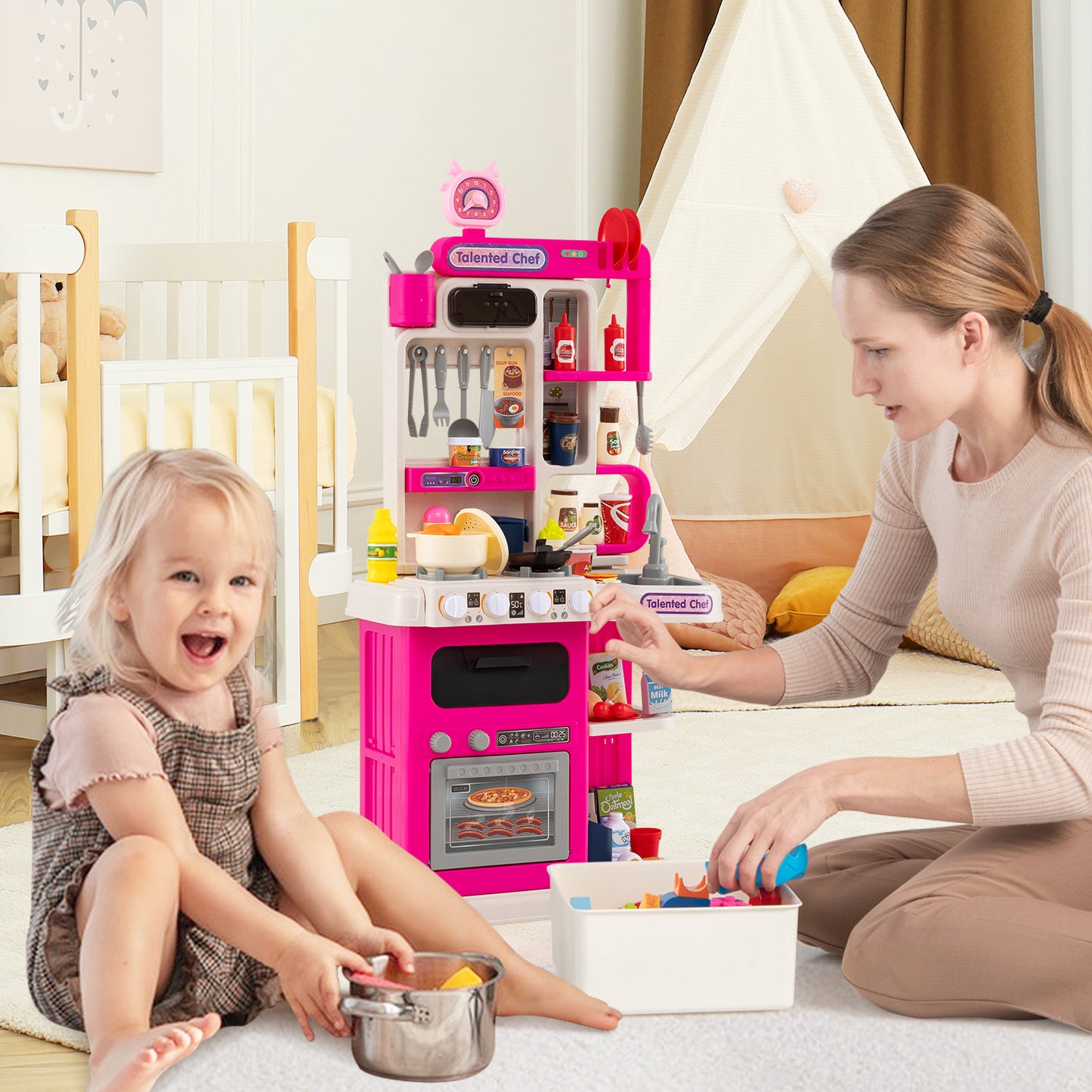 Kids Kitchen Playset Pretend Play Kitchen with Realistic Sounds and Lights, Pink