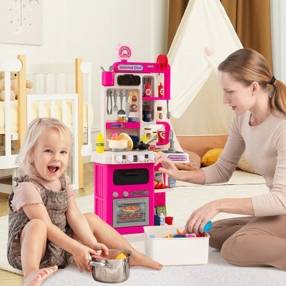 Kids Kitchen Playset Pretend Play Kitchen with Realistic Sounds and Lights, Pink