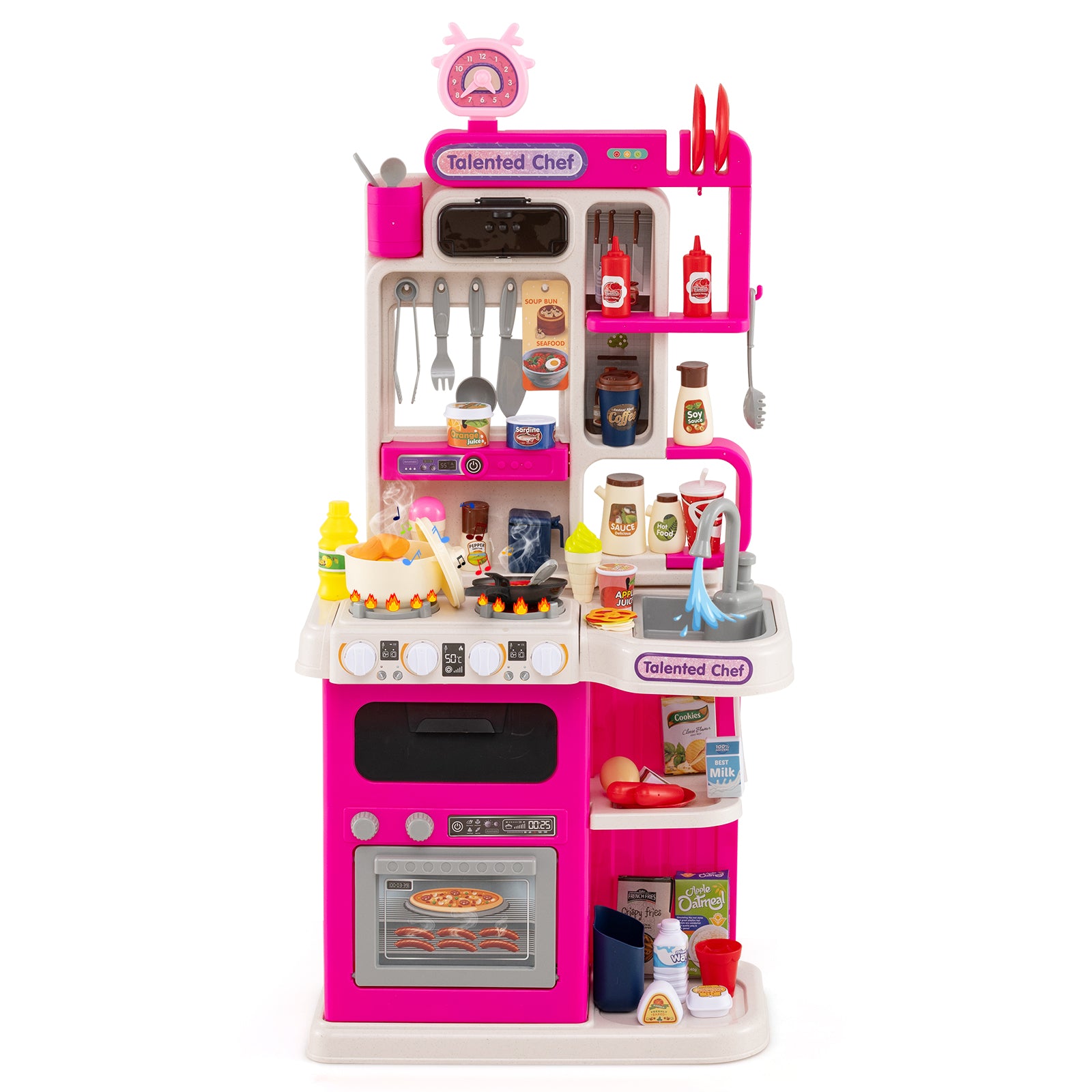Kids Kitchen Playset Pretend Play Kitchen with Realistic Sounds and Lights, Pink