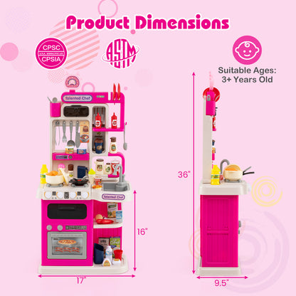 Kids Kitchen Playset Pretend Play Kitchen with Realistic Sounds and Lights, Pink