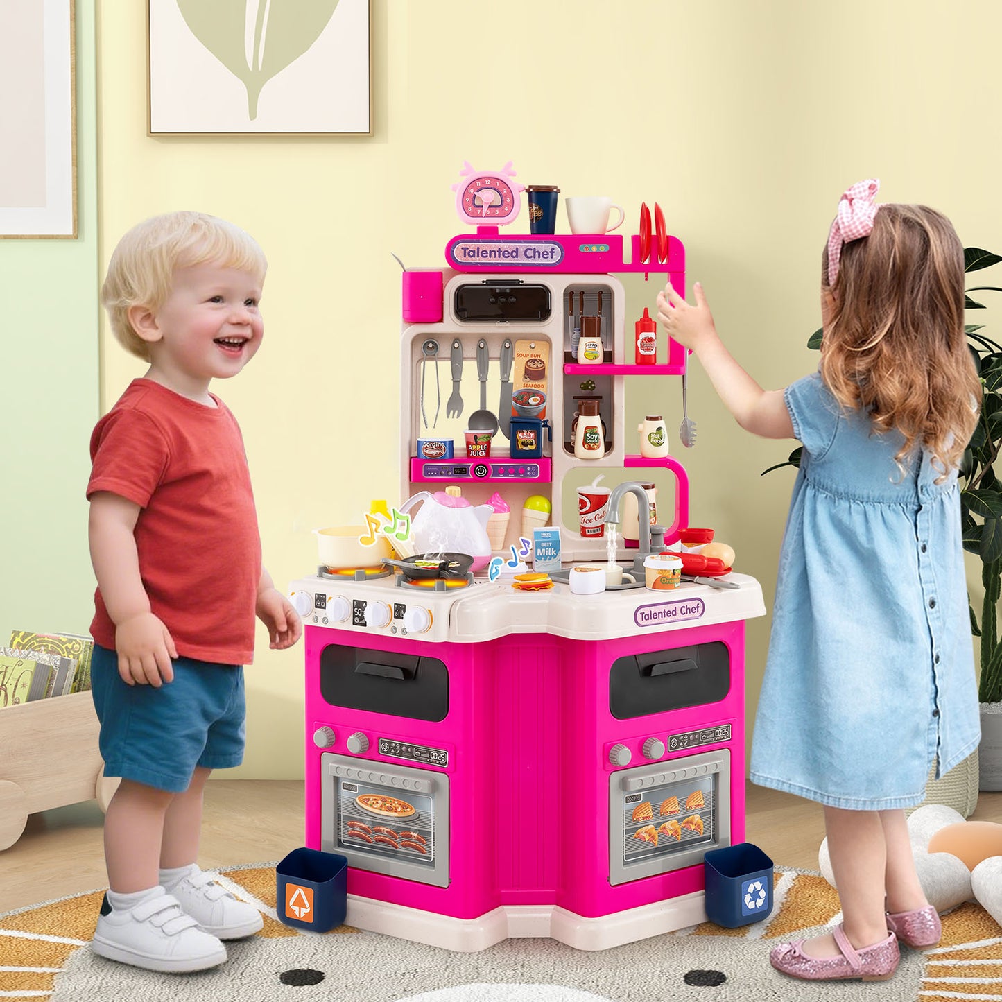 Kids Kitchen Playset Corner Play Kitchen with Realistic Sounds and Lights, Pink