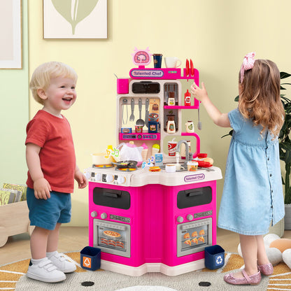 Kids Kitchen Playset Corner Play Kitchen with Realistic Sounds and Lights, Pink