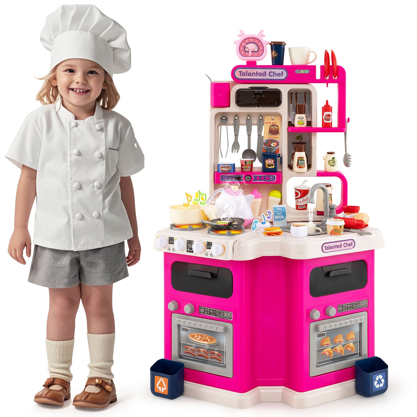 Kids Kitchen Playset Corner Play Kitchen with Realistic Sounds and Lights, Pink