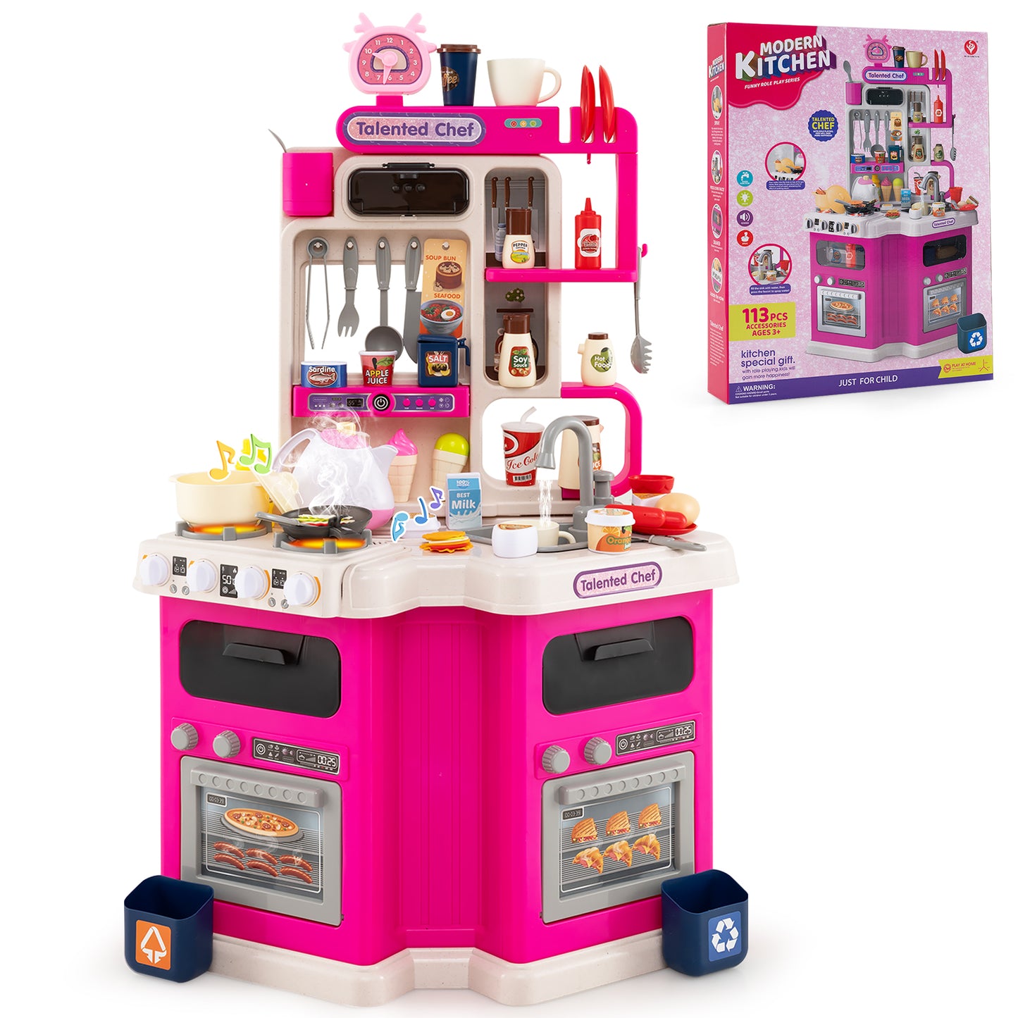 Kids Kitchen Playset Corner Play Kitchen with Realistic Sounds and Lights, Pink