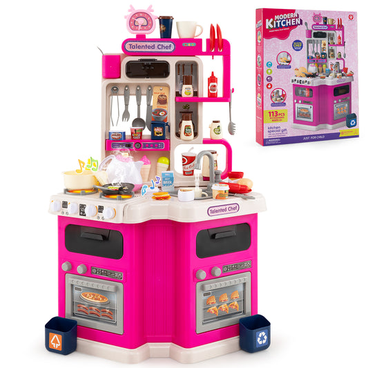 Kids Kitchen Playset Corner Play Kitchen with Realistic Sounds and Lights, Pink