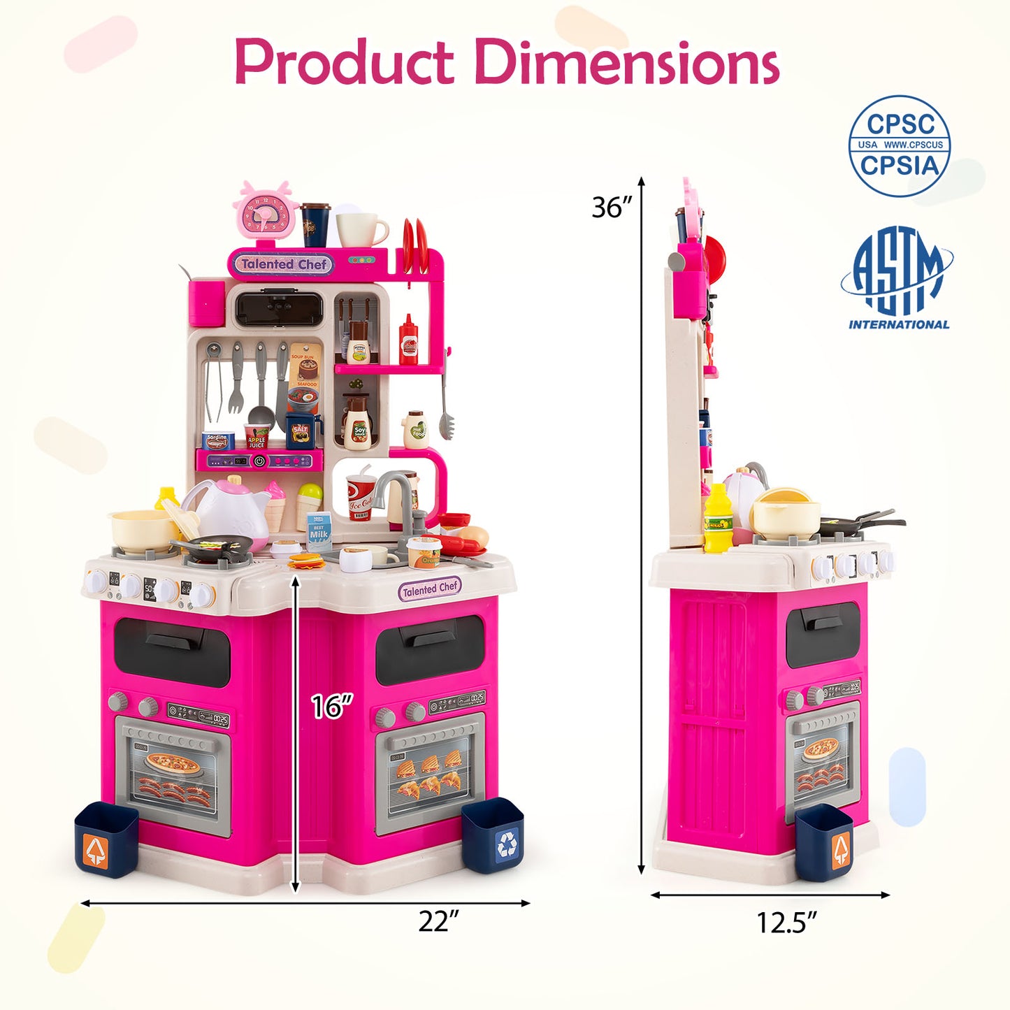 Kids Kitchen Playset Corner Play Kitchen with Realistic Sounds and Lights, Pink