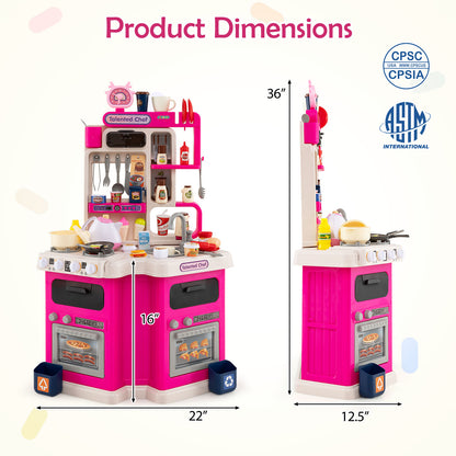 Kids Kitchen Playset Corner Play Kitchen with Realistic Sounds and Lights, Pink