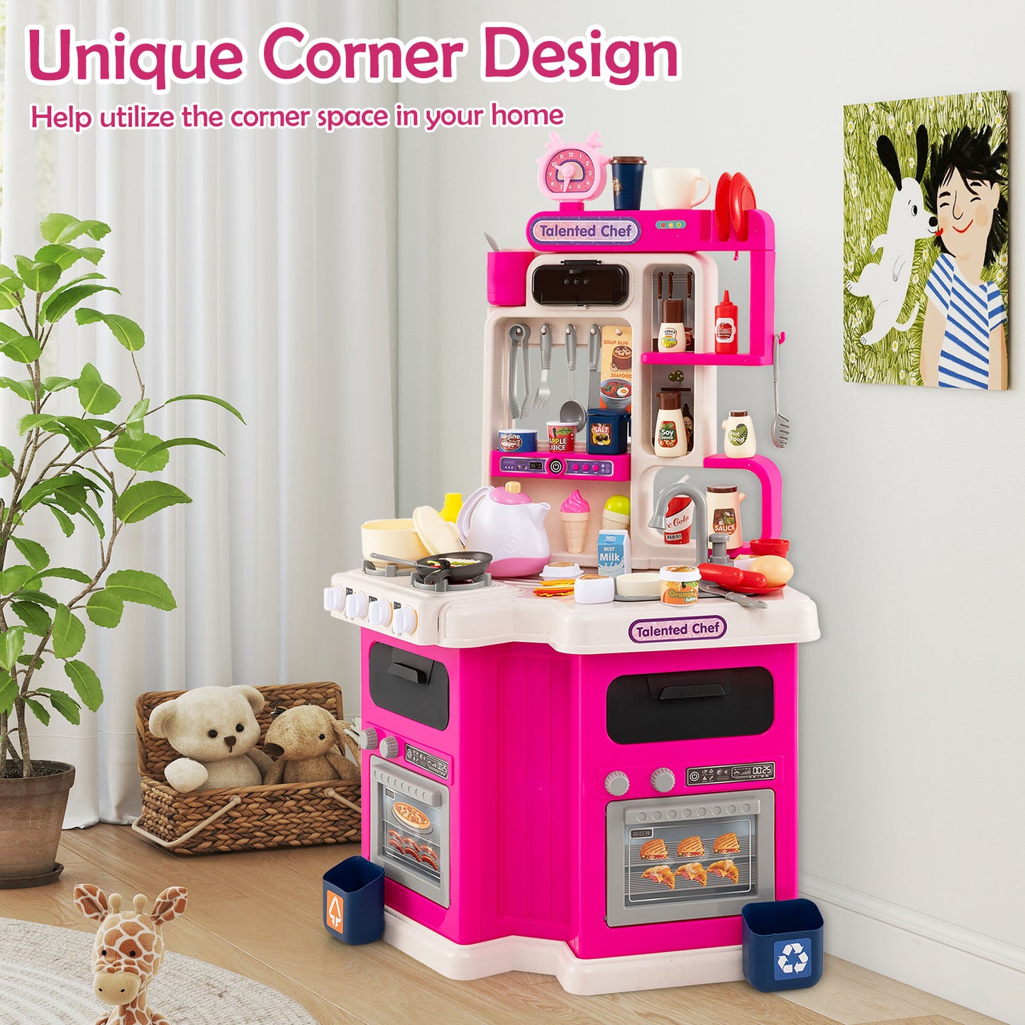 Kids Kitchen Playset Corner Play Kitchen with Realistic Sounds and Lights, Pink