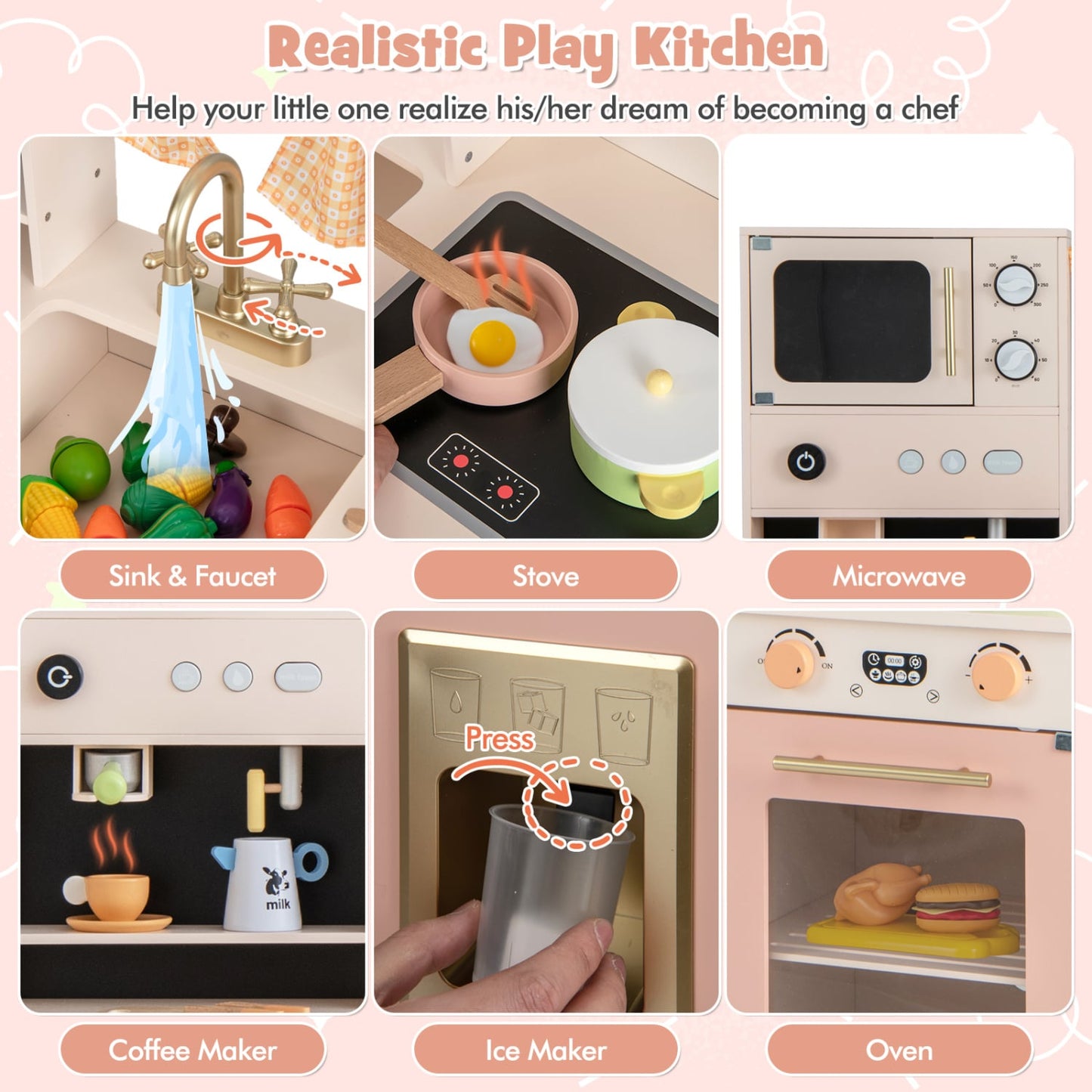 Kids Kitchen Playset, Microwave and Coffee Maker, Ages 3+, Pink Play Kitchen Sets at Gallery Canada